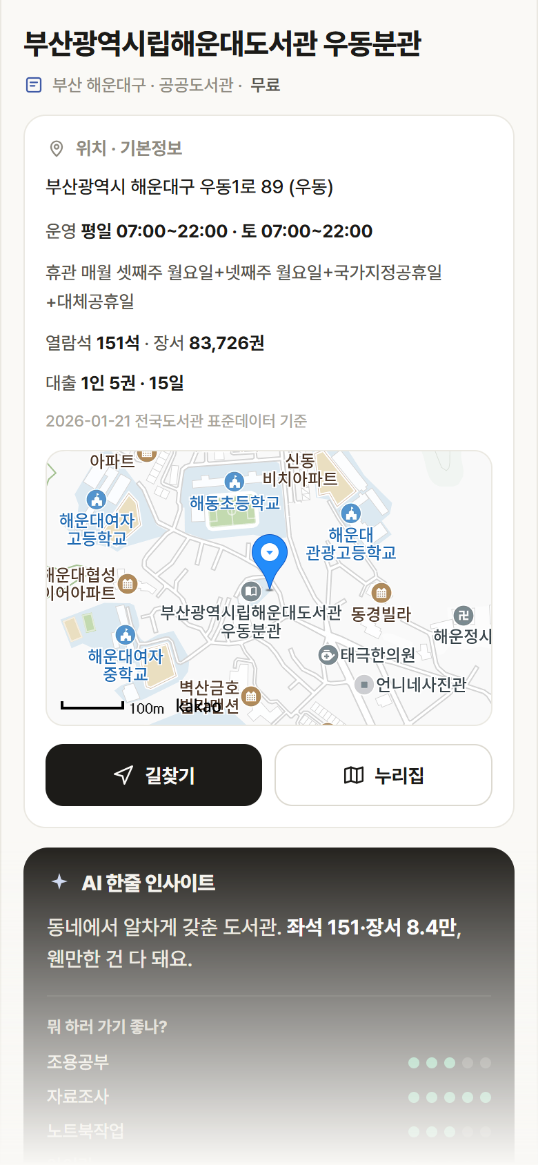 부산 해운대구 부산광역시립해운대도서관 우동분관 도서관 안내