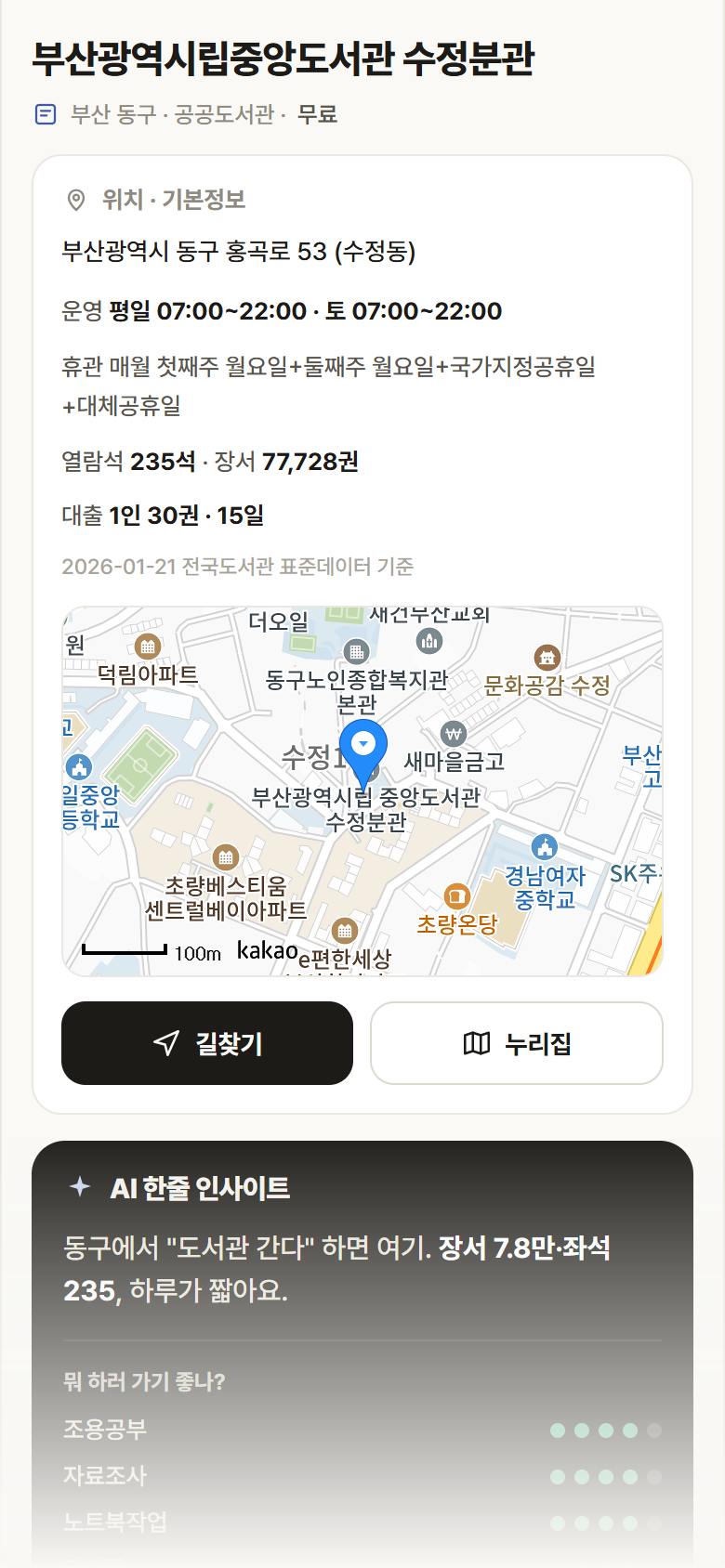 부산 동구 부산광역시립중앙도서관 수정분관 도서관 안내