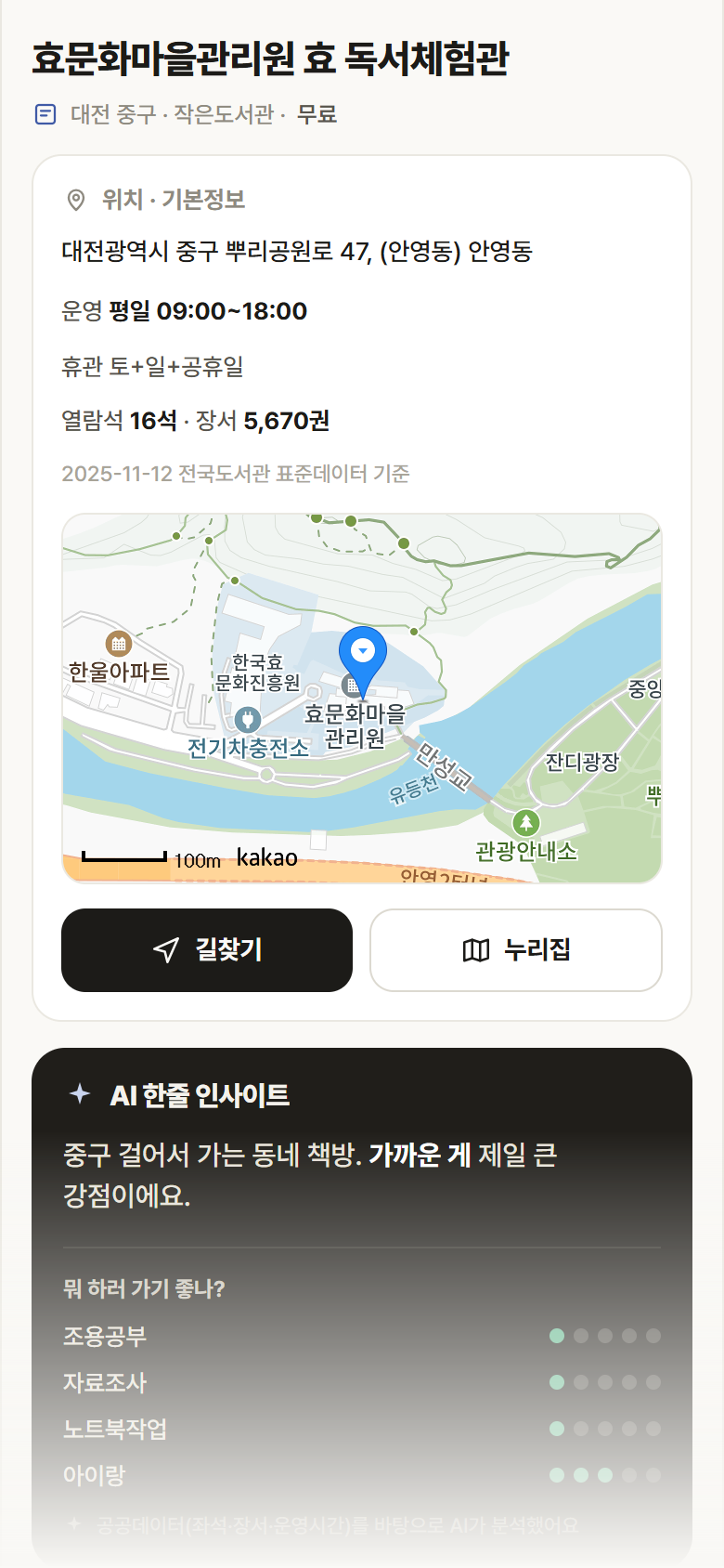 대전 중구 효문화마을관리원 효 독서체험관 도서관 안내